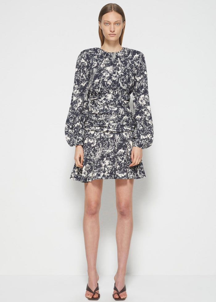 Anastasia L/S Square Neck Ruched Mini Dress (Black Flora Fauna)