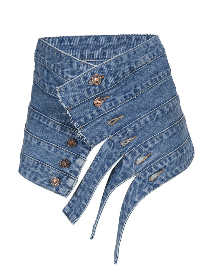 asymmetrical denim belt with layered button straps –Teiuc