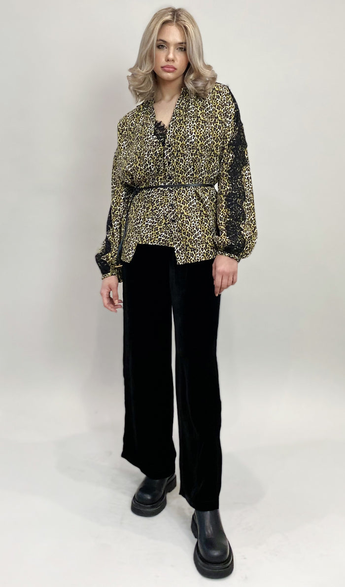 Ava Leopard Henley Top Olive Oil*