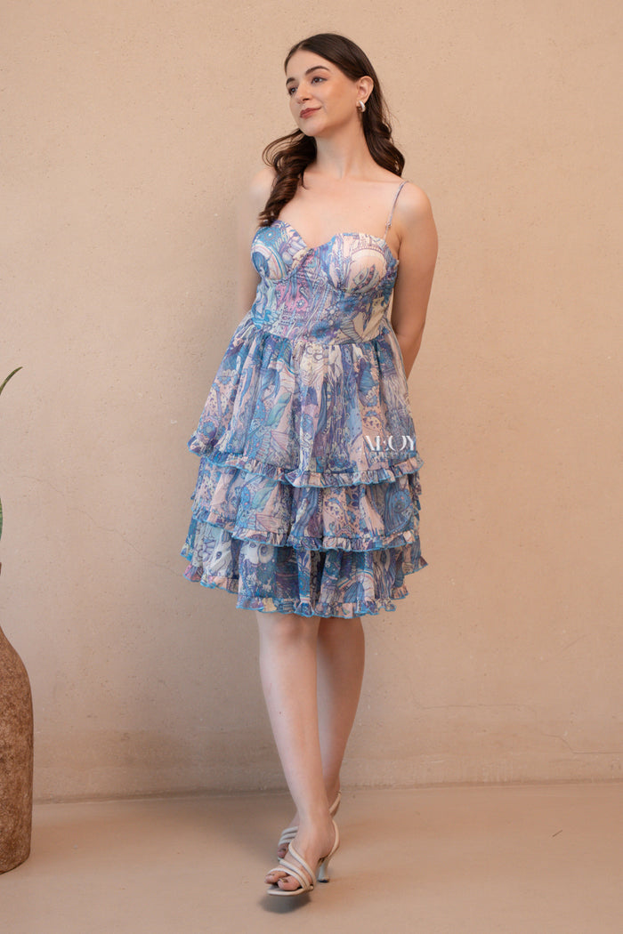 Blue printed tiered mini dress