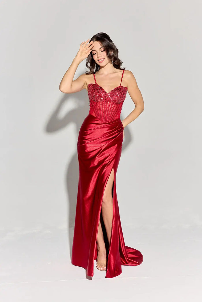 Eureka EK183 Strapless Slit Leg Sparkling Crystal Satin Dress - NORMA REED