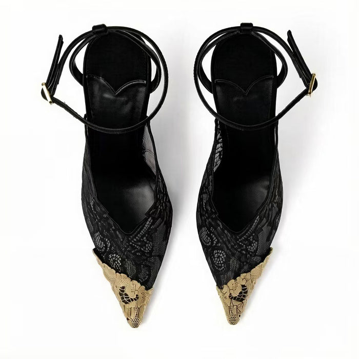 Lace Pointed Toe Ankle Strap Heels – Noir