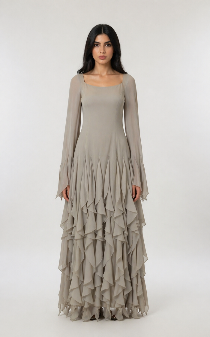 long sleeve ruffled chiffon maxi dress – SERENE