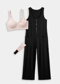 Black sleeveless cotton maternity jumpsuit with front buttons and wide legs, light pink nursing bra with adjustable straps,.