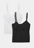 Two maternity nursing tanks in black and white, soft stretchy fabric with adjustable thin straps and discreet front nursing.