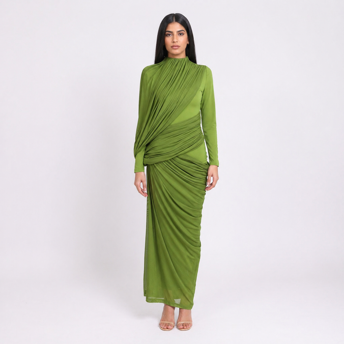 Olive Green Draped Asymmetric Midi Dress - VERDÉA