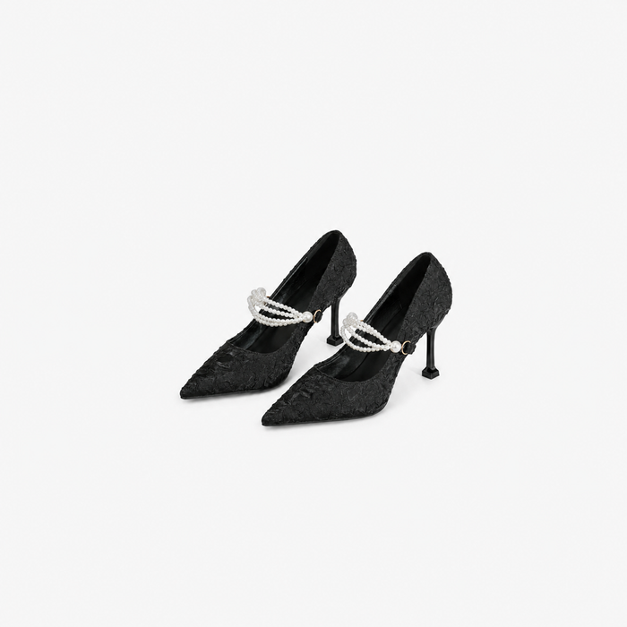 Pearl Strap Lace Stiletto Heels - Elegance
