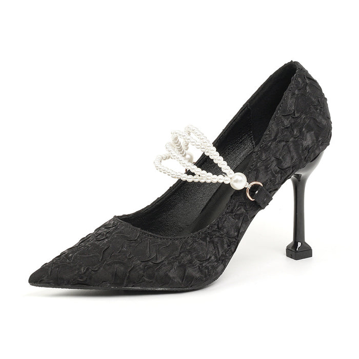 Pearl Strap Lace Stiletto Heels - Elegance