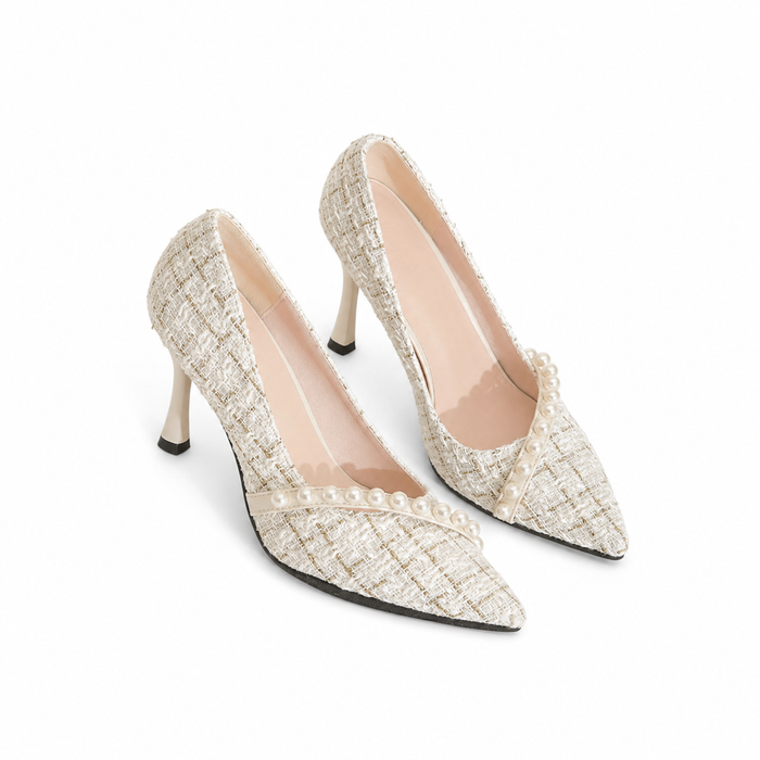 Pearl Strap Tweed Stiletto Heels - Paris