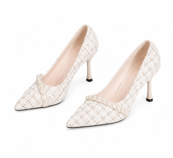 Pearl Strap Tweed Stiletto Heels - Paris