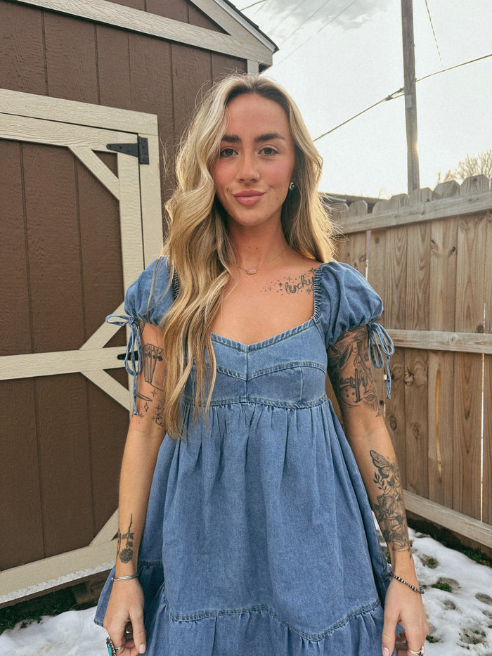 PEPLUM DENIM MINI DRESS