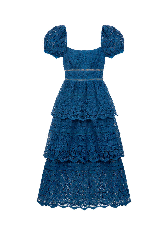 Petrol Lace Guipure Tiered Midi Dress (Petrol Blue)