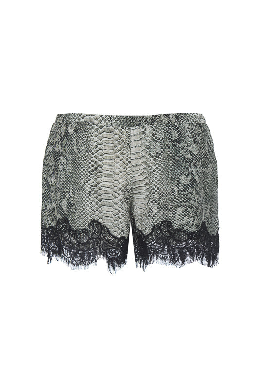 The Python Silk Print Coco Lace Shorts in grey python.