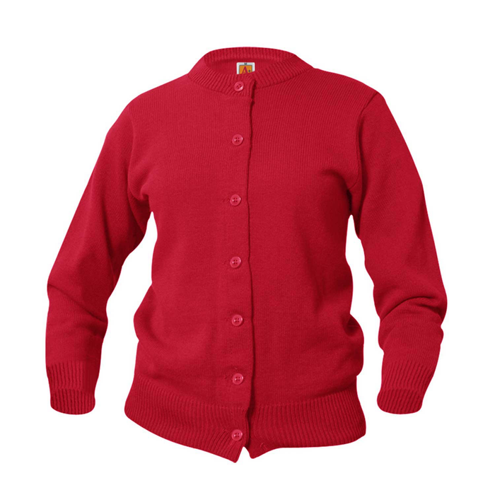 RED CREW NECK CARDIGAN SWEATER