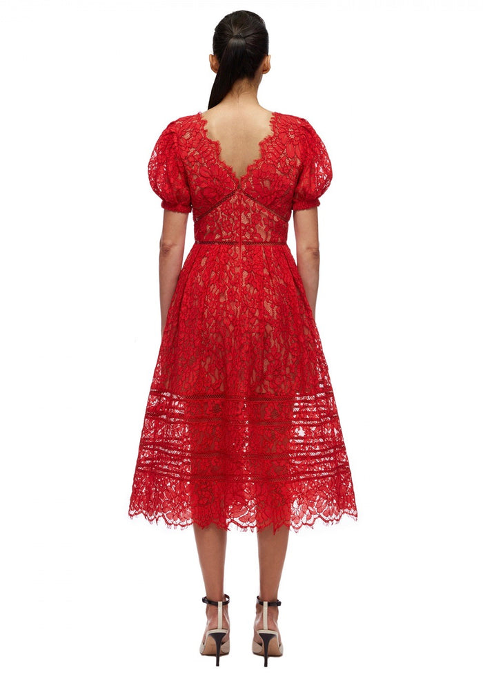 Red Fine Cord Lace Midi Dress (Red)
