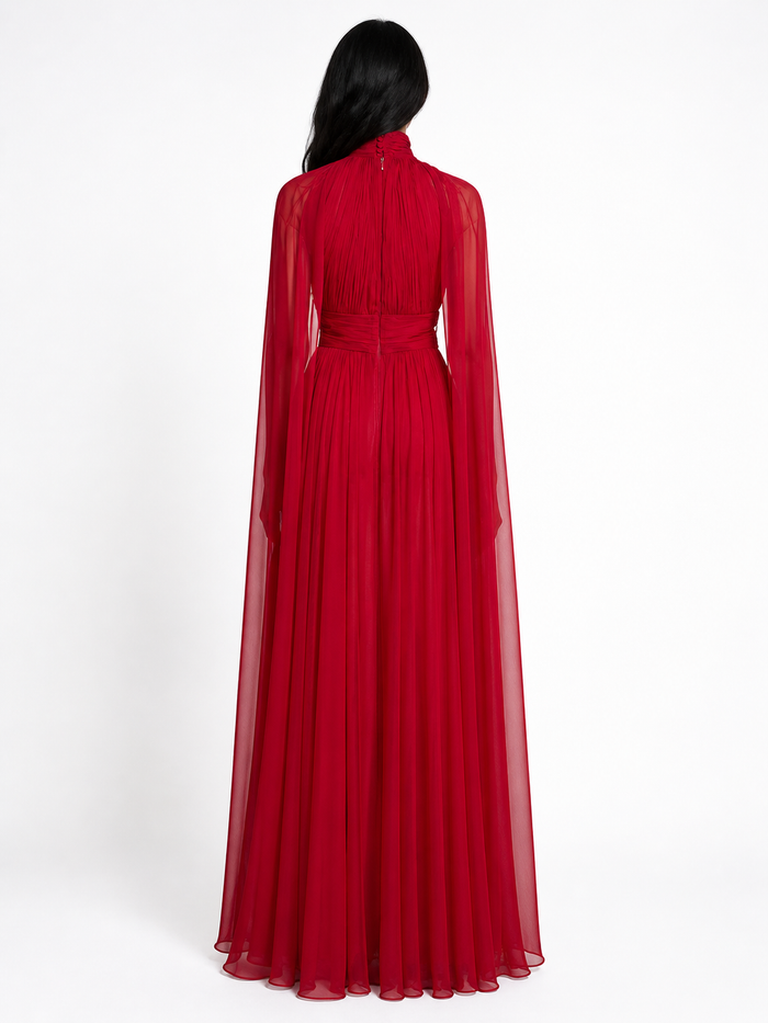 Red High-Neck Pleated Chiffon Maxi Dress – ÉLÉVRA