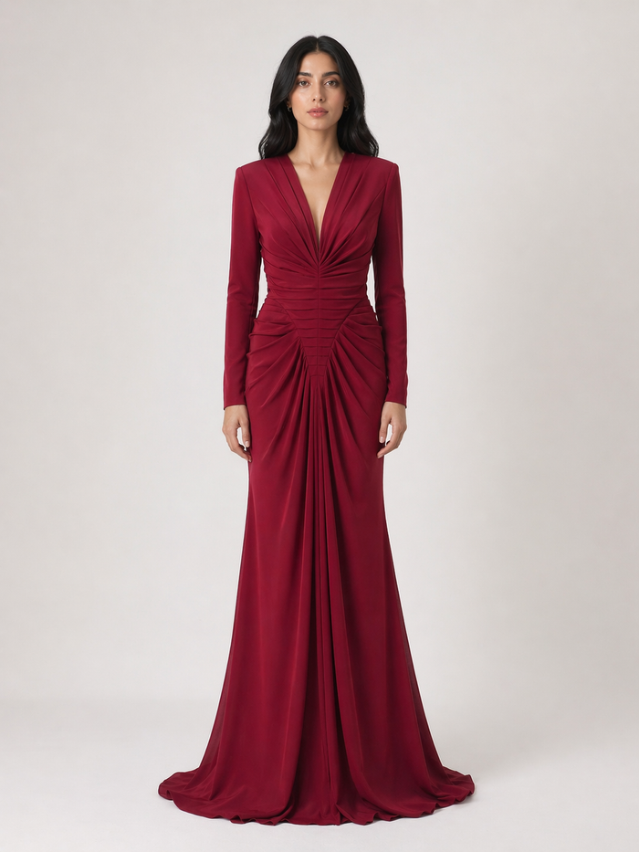 Red Ruched Mermaid Maxi Dress with Deep V Neck - RUBELLA