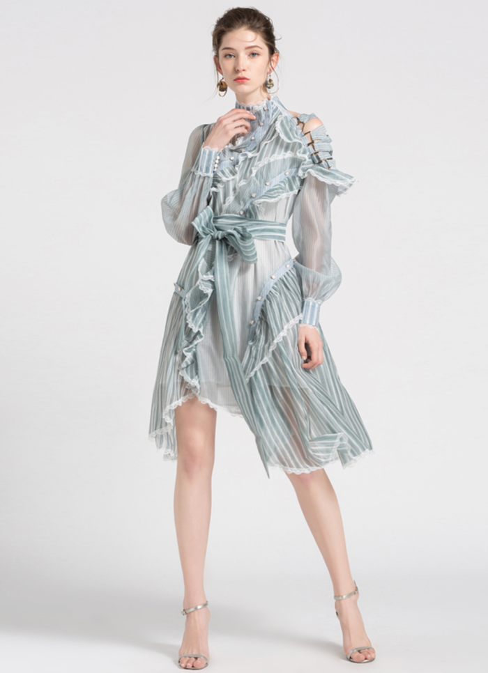 Sheer striped ruffle mini dress with sash – Nova