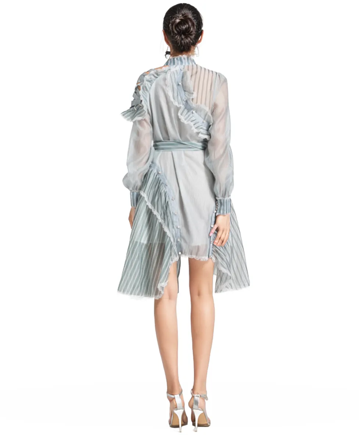 Sheer striped ruffle mini dress with sash – Nova