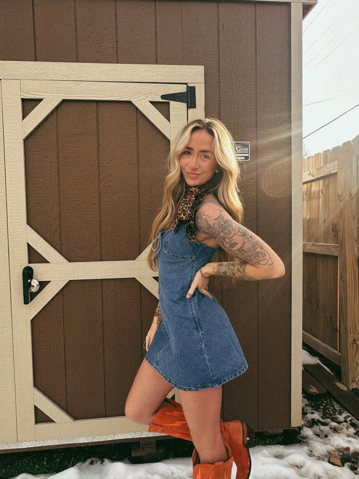 SWEETHEART TIE DENIM MINI DRESS