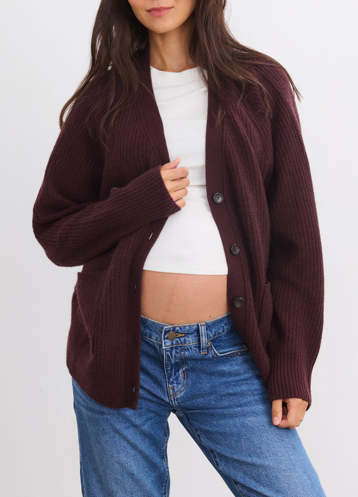 Espresso cashmere cardigan over white top, cozy maternity knit for pregnant women.