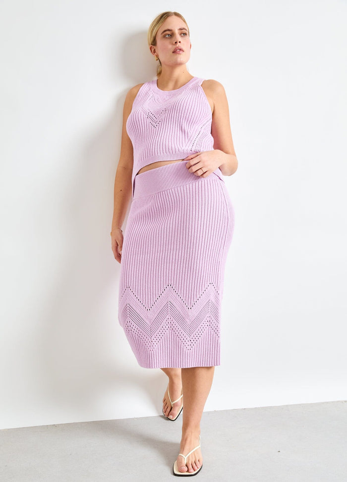 The Chloe Cotton Pointelle Tank - Pink lilac cotton pointelle tank top with sleeveless design, styled for maternity, nursing, and postpartum.