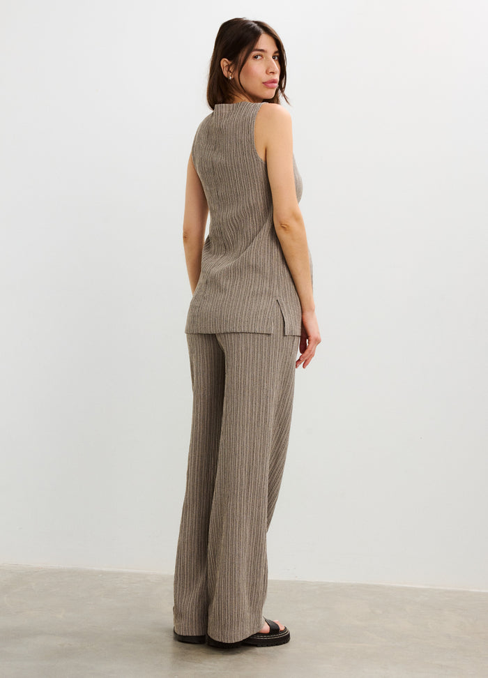 Taupe ribbed sleeveless maternity top and matching wide-leg pants set with soft, stretchy fabric designed for pregnant women.