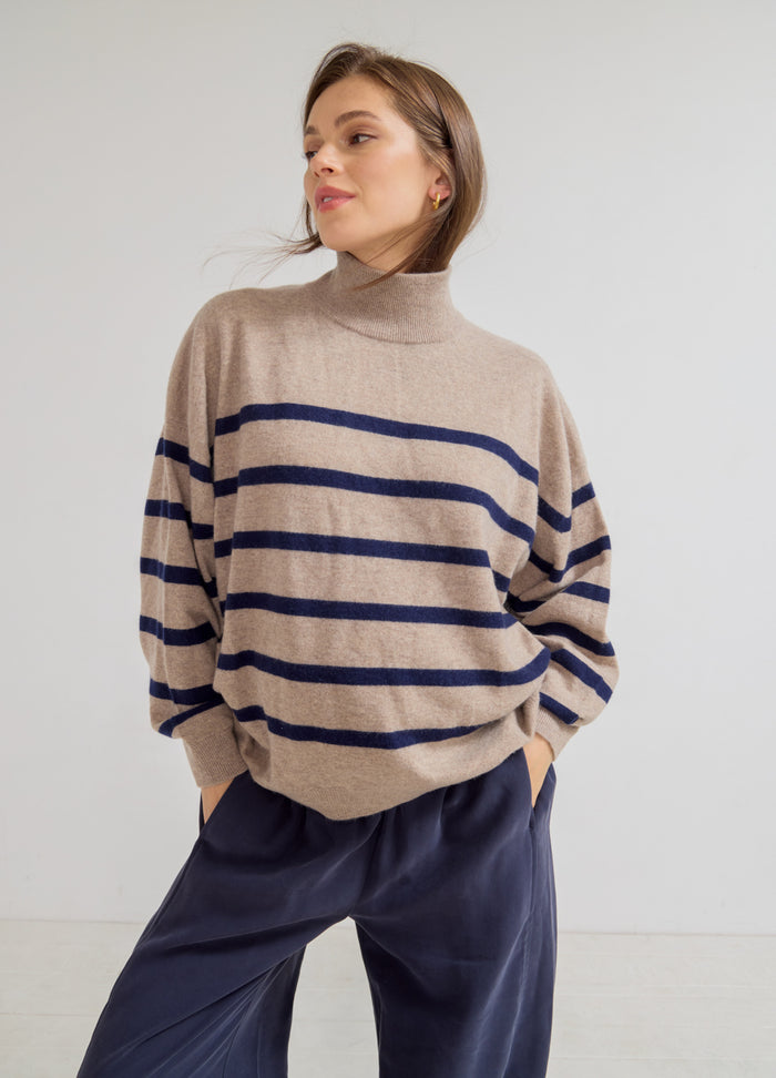 The Estella Cashmere Turtleneck - Oat melange cashmere maternity turtleneck with navy stripes, relaxed fit for pregnancy and nursing.