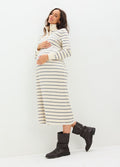 Cream and black striped waffle-knit midi nursing dress with long sleeves and a relaxed fit, styled for maternity.