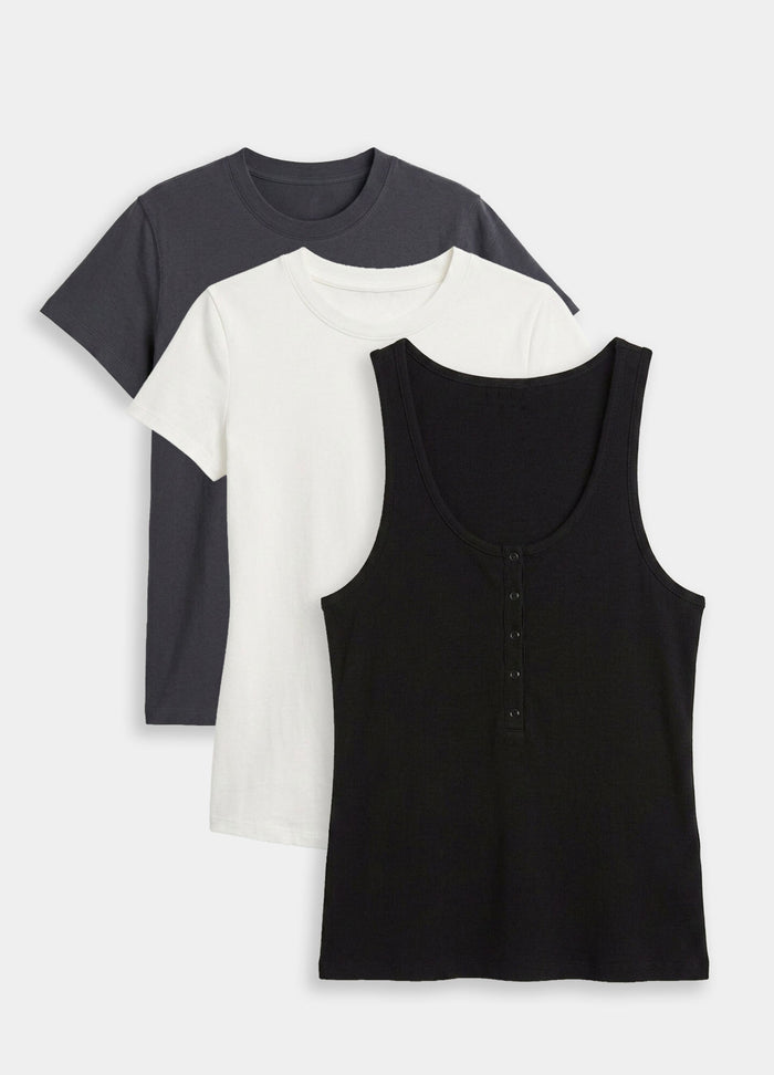 Three maternity tops bundle with a black button-front tank, white short-sleeve tee, and charcoal short-sleeve tee.