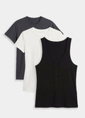 Three maternity tops bundle with a black button-front tank, white short-sleeve tee, and charcoal short-sleeve tee.