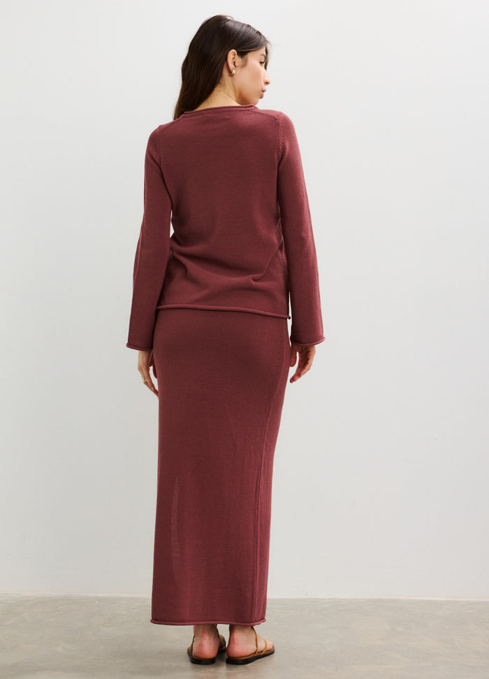 Mauve long-sleeve maternity top with matching fitted maxi skirt, soft stretchy fabric.