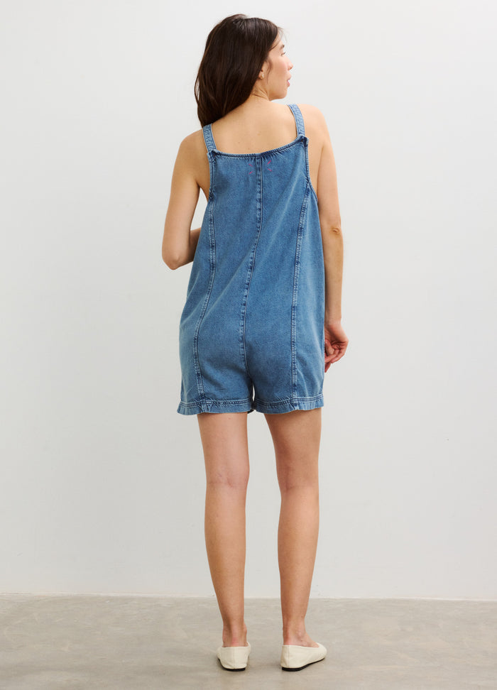 Light blue denim maternity romper with adjustable shoulder straps and back button details, designed for pregnant women.