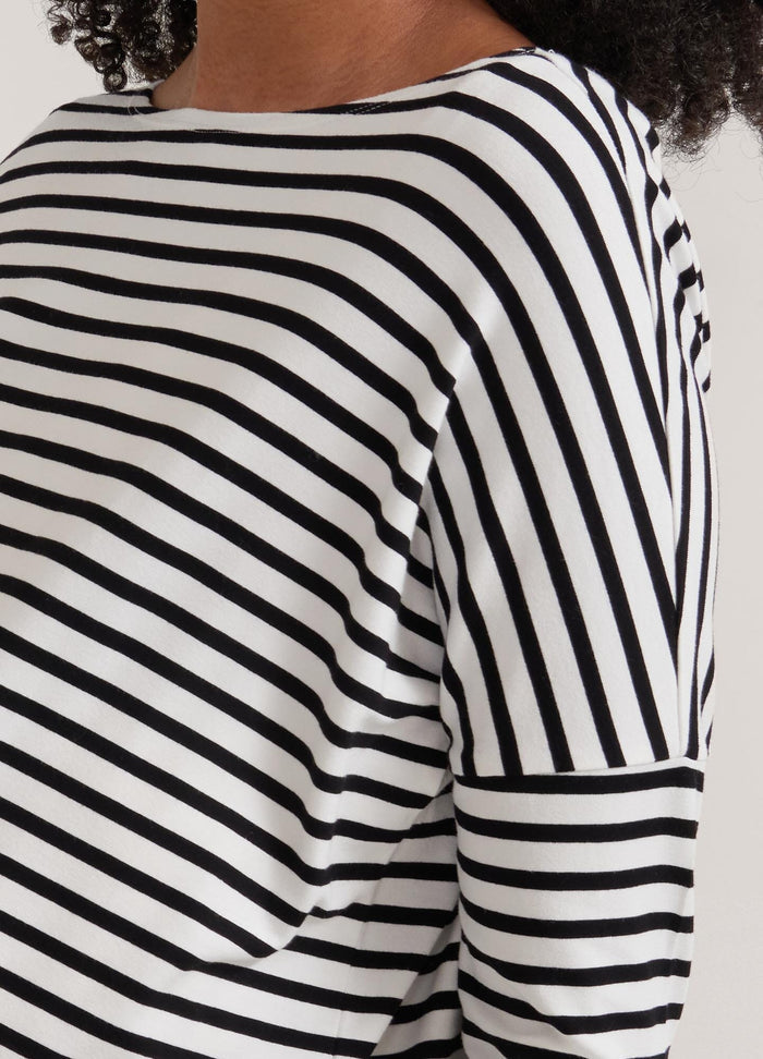 The Perfect Longsleeve Tee - Black and white striped maternity long sleeve tee with relaxed fit and round neckline, designed for pregnancy, nursing, and.
