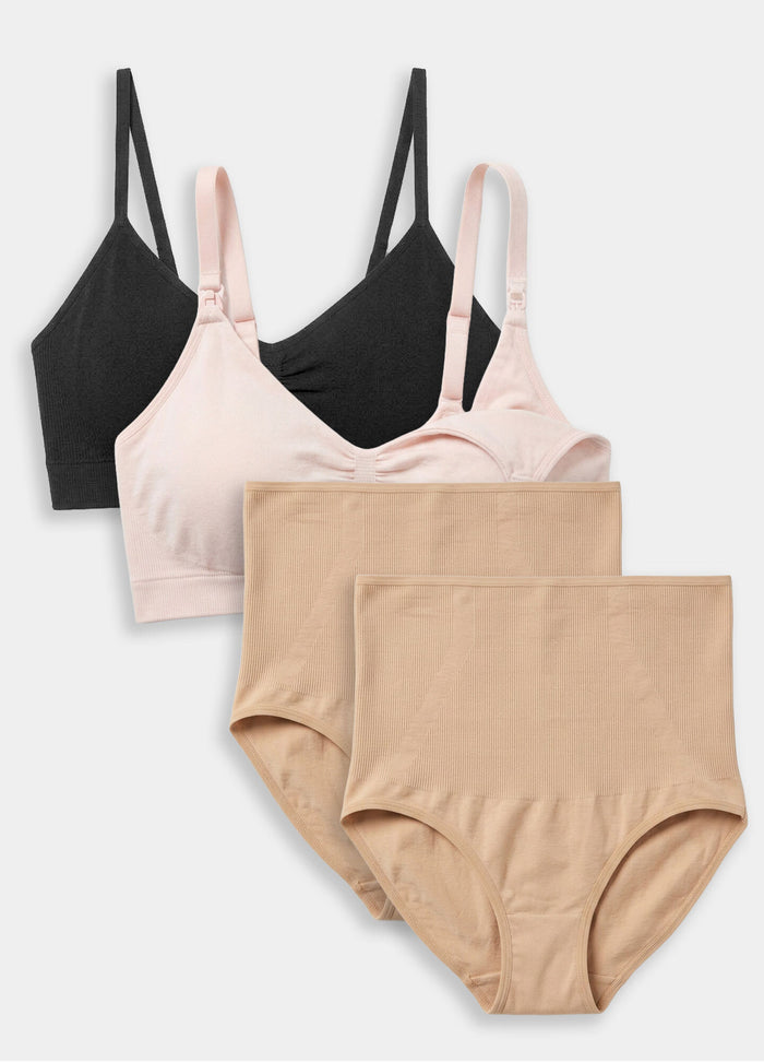 Two seamless maternity bras in black and blush pink with adjustable straps, paired with two high-waisted beige seamless.