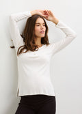 Cream long-sleeve ribbed henley top with nursing-friendly button placket, fitted maternity shape.