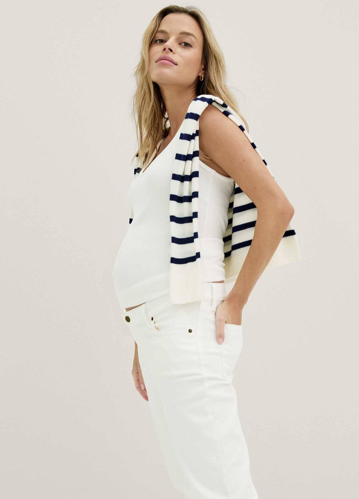 The Softest Rib Tank 2-Pack - White ribbed maternity tank top styled for nursing and postpartum comfort, paired with white pants.