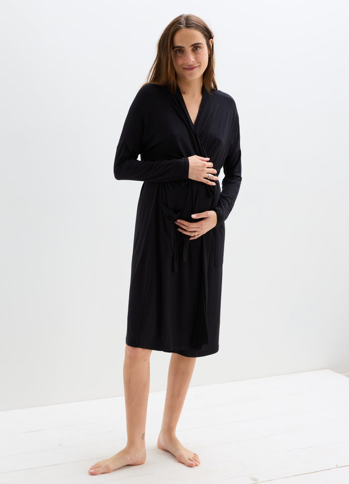 Black knee-length maternity robe with long sleeves, soft fabric, and a wrap tie belt.