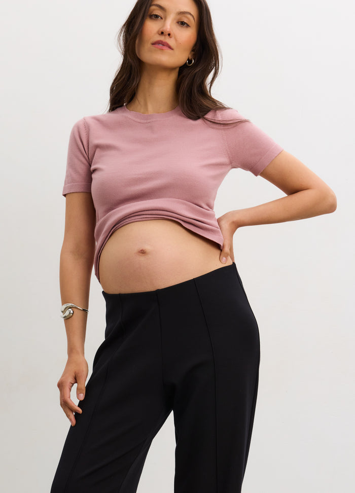 The Softsculpt Knit Tee - Rose mauve soft knit maternity tee with short sleeves, seamless nursing access, gentle stretch for pregnancy and postpartum.