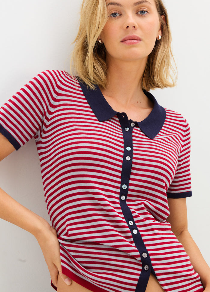 Red and white striped maternity shirt with navy collar and button placket, short sleeves, fitted to pregnant belly.