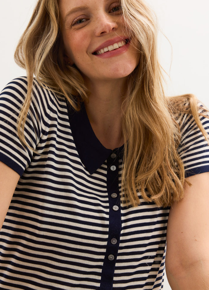 Navy and white striped maternity polo shirt with a navy collar and button-up front.