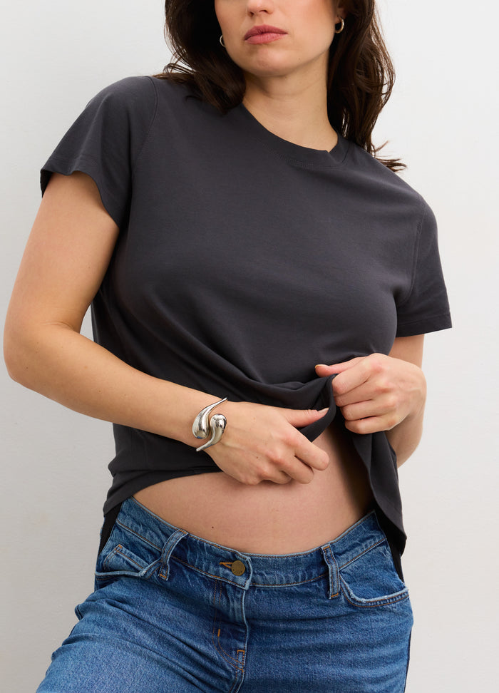 Dark grey washed cotton short sleeve crew neck maternity t-shirt with relaxed fit.