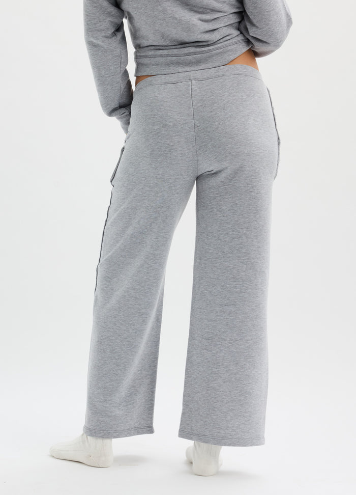 Gray maternity pants with wide legs and a soft, stretchy fabric designed for comfort during pregnancy.