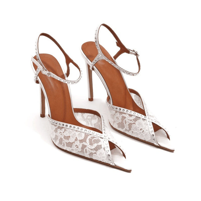 White Lace Crystal Slingback Heels – Bridal