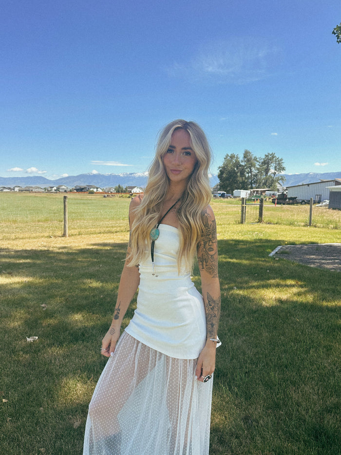 WHITE STRAPLESS MAXI DRESS