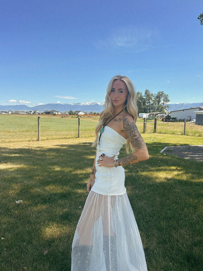 WHITE STRAPLESS MAXI DRESS
