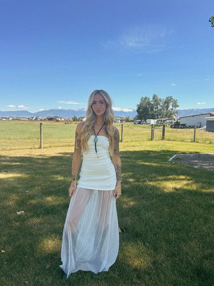 WHITE STRAPLESS MAXI DRESS